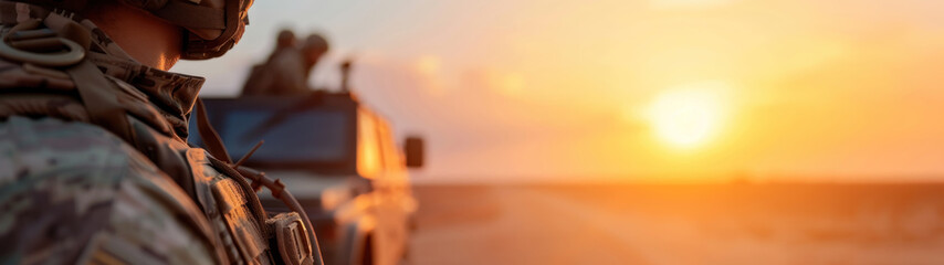 Obraz premium Military patrol car on sunset background, army war concept