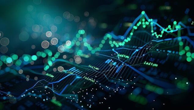 Stock market graph in blue and green colors on a dark background, showcasing financial analysis and planning with charts and graphs, set against an abstract digital backdrop to emphasize its role in b