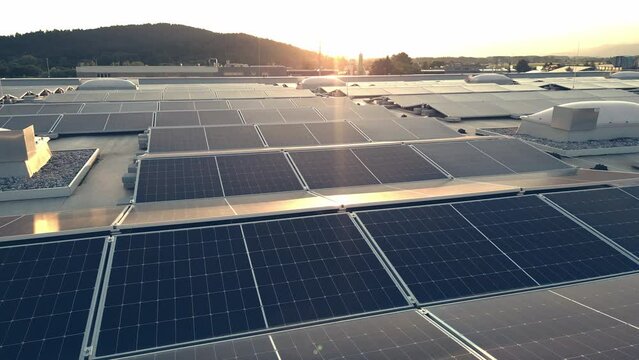 Moving forward above rooftop solar panel array with sunset sun on horizon, aerial view. Photovoltaic modules on industrial building roof for green energy generation drone shot