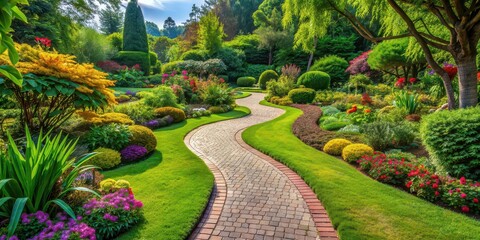 Obraz premium A winding path through a lush garden , garden, walkway, trail, greenery, nature, peaceful, serenity, landscaping, outdoors