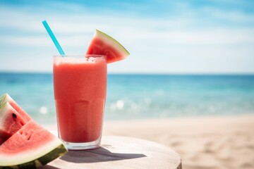 Obraz premium Watermelon smoothie cocktail outdoors.