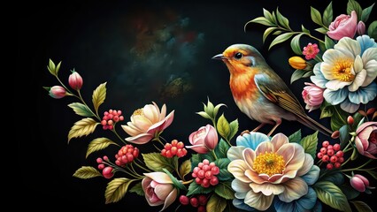 Painting of a bird and flowers against a black background, bird, flowers, painting, art, black background, vibrant, colorful
