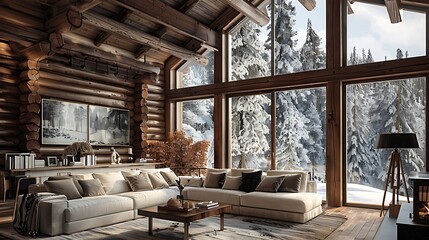 The rustic elegance of a log cabin interior with a spacious living are large windows overlooking snowy landscapes, and a snug loft for peaceful retreats
