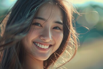 Asian Woman Smile. Portrait of Attractive Asian Woman with Long Hair Smiling