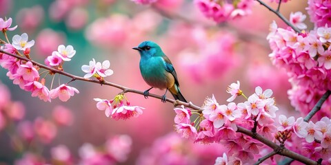 Obraz premium Teal bird perched on cherry blossoms in a harmonious spring setting, teal bird, cherry blossoms, spring, harmony, nature