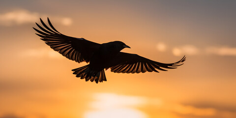 Powerful Silhouette of a Bird Soaring Majestically Against a Vibrant Sunset Sky