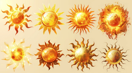 3D set of artistic sun illustrations on transparent background with various designs and styles