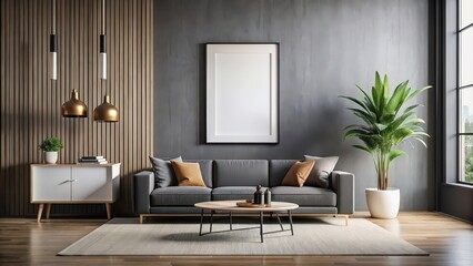 Fototapeta premium Frame mockup hanging on a white wall in a sleek black modern living room , mockup, frame, black, modern, living room