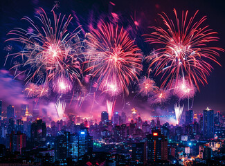 Obraz premium Vibrant, large-scale fireworks display illuminating the night sky over a bustling cityscape