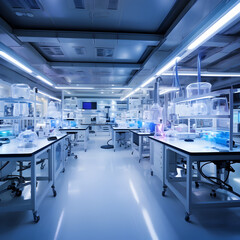 Advanced Biomedical Engineering Laboratory with Futuristic Lighting and Panoramic View