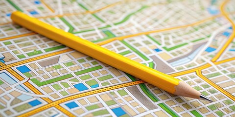 Detailed street map being annotated with a bright yellow pencil outdoors, street map, detailed, bright yellow, pencil