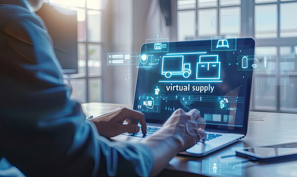 Manager working on virtual supply chain management optimization software