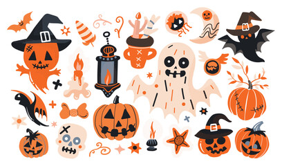 Set of isolated Halloween decoration elements in doodle hand-drawn graphic vector illustration on transparent background 6. Vivid orange and black color tone.