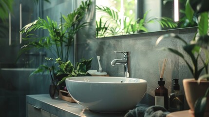 Fototapeta premium Modern bathroom with plants and a white sink
