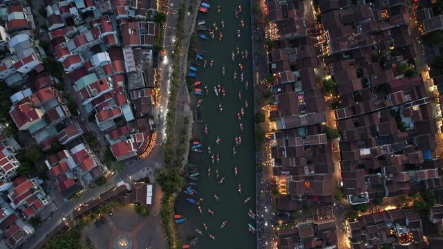 Aerial view of Hoi An Ancient Town with lantern boats on Hoai river, in Hoi An, Vietnam