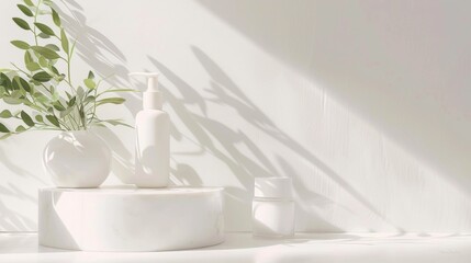 Minimalist white skincare products with plant on white background