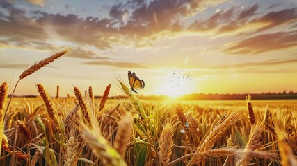 Butterflies are on ears of wheat at sunset, 4K virtual video animation background infinitely looping