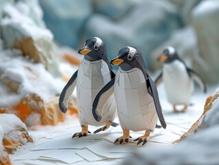 Penguins sliding on paper cut ice in a zoo.