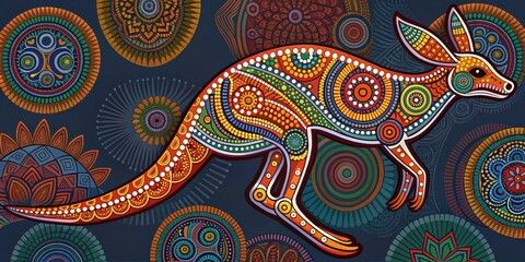 Aboriginal art inspired of a kangaroo with vibrant colors and intricate patterns, Aboriginal, art, Australia