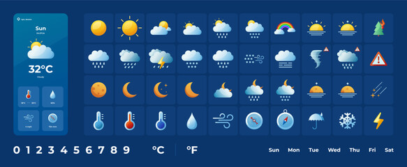 Weather icon set. Forecast weather flat symbols