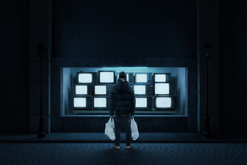 digital composition of teen from back with white bags in the hand who standing in front of...