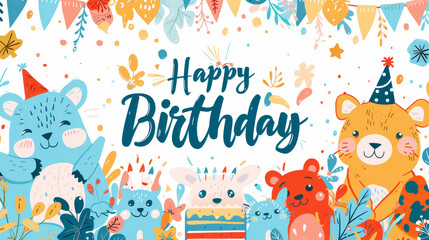 Fototapeta premium Cute happy birthday card with cartoon animal characters and festive decorations