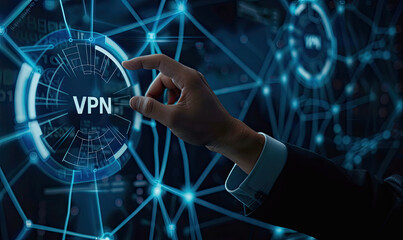 Businessman activating vpn server by touching digital icon