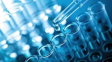 An array of test tubes with a single drop being poured into the bottom tube set against a blue background,= illustrating a scientific experiment