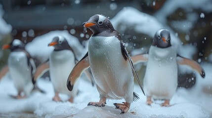 Obraz premium Penguins sliding on paper cut ice in a zoo.