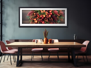 Modern dining room with elegant decor, featuring a wooden table, pink chairs, and vibrant floral wall art.