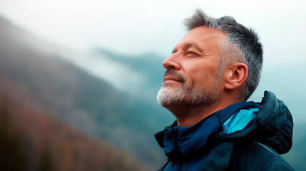 Mature man breathing fresh air in the mountains.