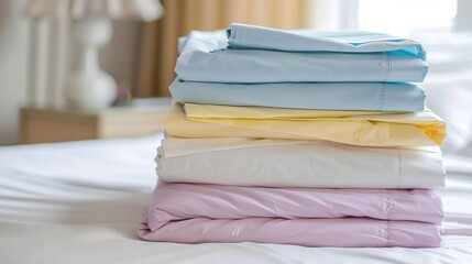 Bed Sheets. Stack of Clean Cotton Bedding on Table for Comfortable Night's Sleep
