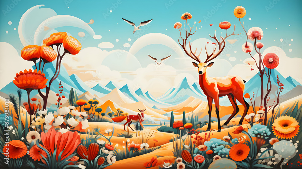 Canvas Prints Digital Illustration of a Deer in a Colorful Mountain Landscape