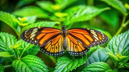 Fototapeta premium Butterfly perched on vibrant green leaves, Butterfly, Insect, Nature, Wildlife, Green, Flora, Wings, Colorful, Natural, Summer