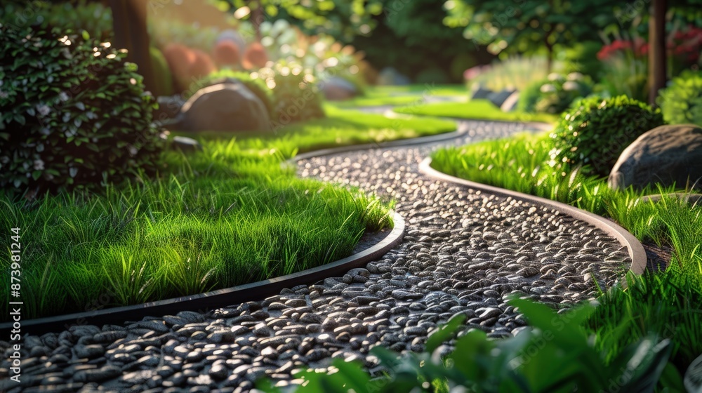Poster a serene garden scene featuring a curving pebble path that meanders through lush, vibrant green gras