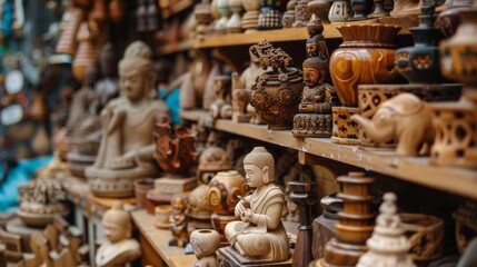 Traditional wooden crafts at a market stall