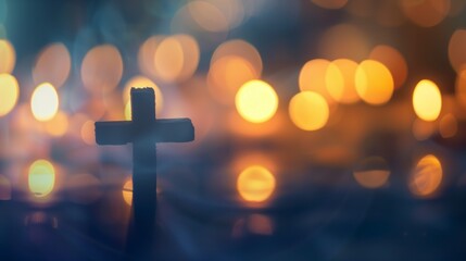 Wooden Christian Cross out of focus with a soft bokeh lights background