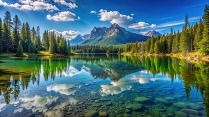 Clear water lake reflecting lush forest and mountains, blue sky overhead, lake, clear water, reflection, lush forest