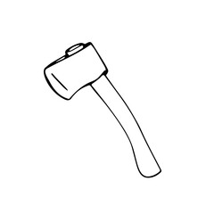 Hand-drawn hatchet. Hiking hand axe with wooden handle. Carpenter tool for forest camping, isolated on white background