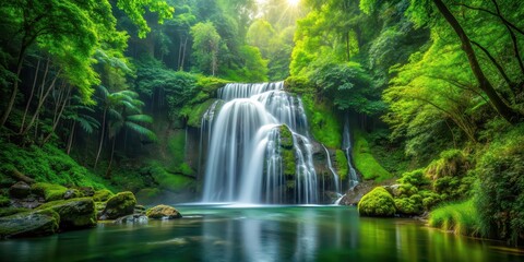 A serene waterfall cascading through lush green forest , waterfall, forest, nature, tranquil, scenery, lush, green