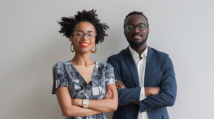 Portrait of a happy multi-ethnic business couple posing with arms crossed.