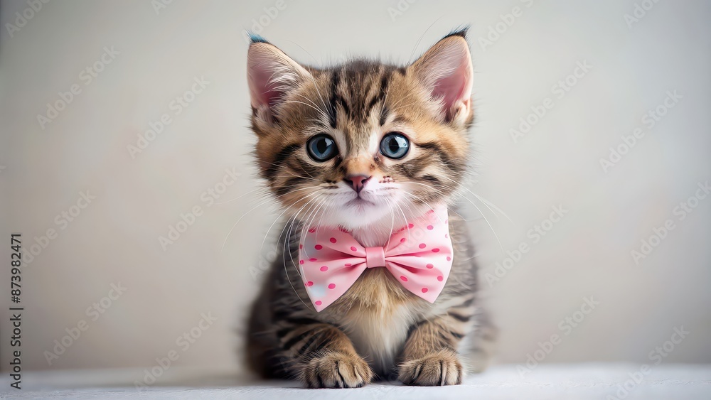 Wall mural Adorable kitten wearing a cute bow on its head, kitten, bow, adorable, pet, feline, cute, small, furry, domestic, animal