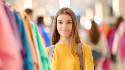 Excited students with backpacks and school supplies shopping for the new semester, vibrant colors, anticipation and joy on their faces