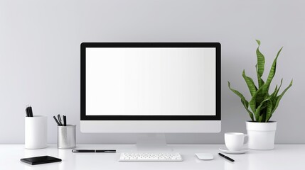 Minimalist office desk with sleek organization, essential work supplies, and a computer, emphasizing a clean and focused workspace