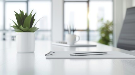 Modern executive office with an organized desk, sleek workspace, and essential supplies neatly arranged, conveying professionalism and efficiency