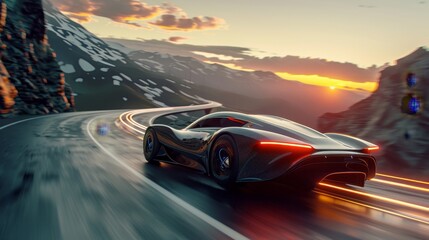 Obraz premium Futuristic vehicle speeding on mountain highway at sunset in a realistic depiction