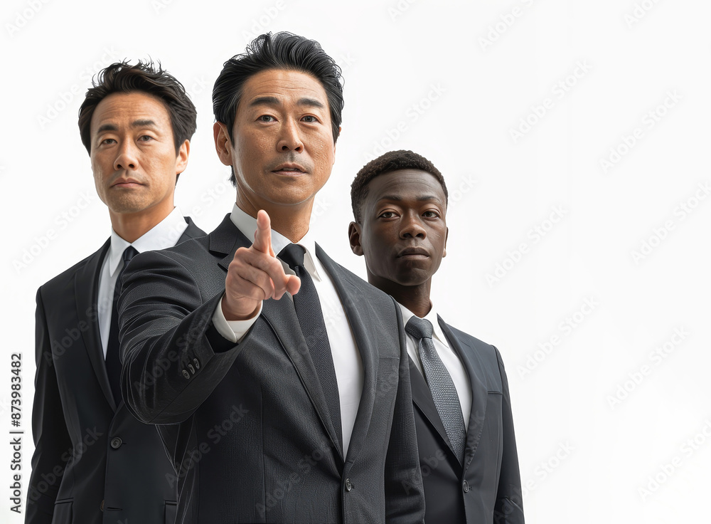 Wall mural confident japanese businessman in his thirties wearing a suit along with two colleagues pointing tow