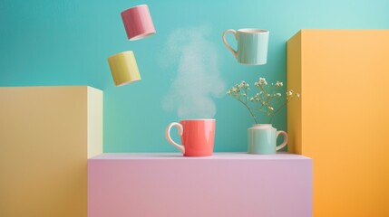 Floating pastel mugs with steam on colorful blocks