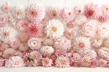 Beautiful soft pink flowers in a full bloom arrangement on a white background