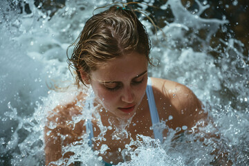 Obraz premium Young woman splashing in the water on a hot summer day.